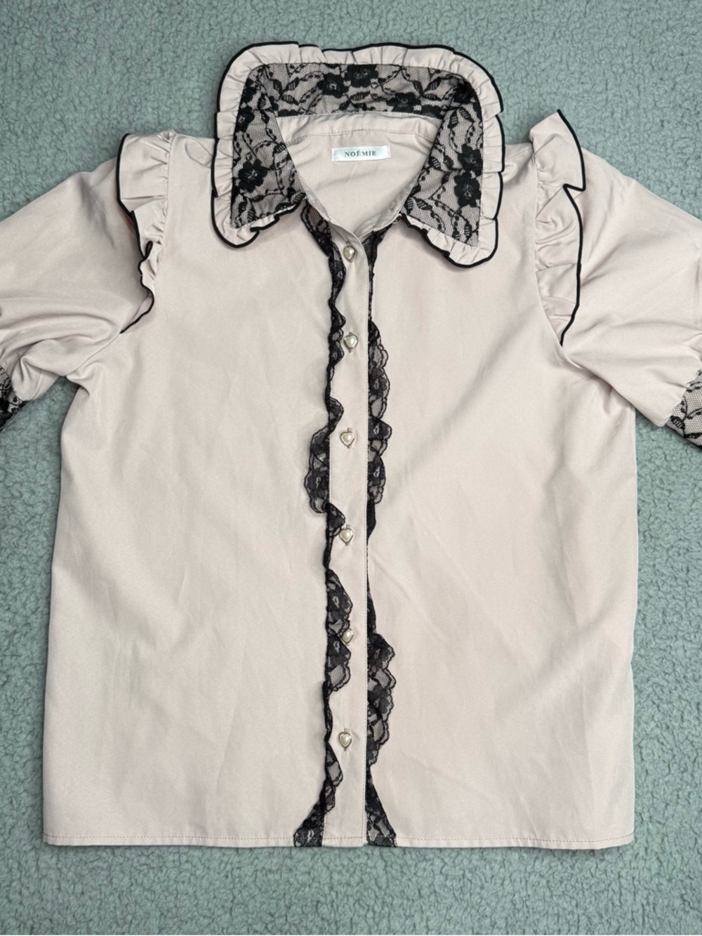 Noemie cream black lace blouse heart pearl buttons ruffle collar coquette top M